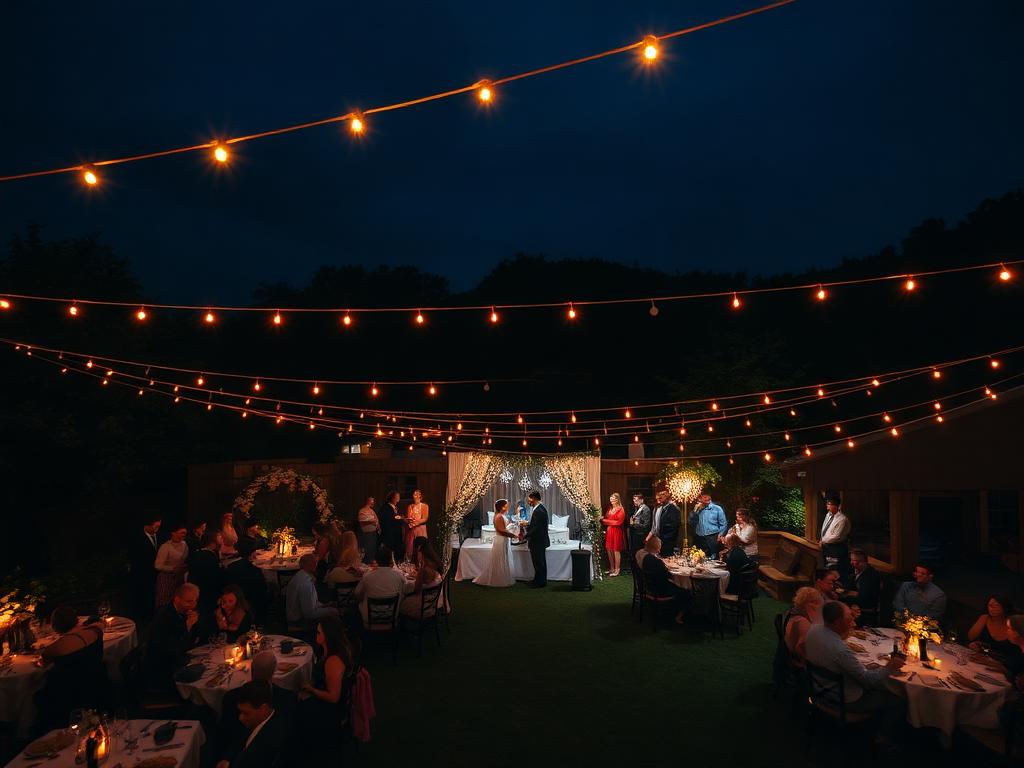 Vista aérea de casamento ao ar livre à noite com luzes