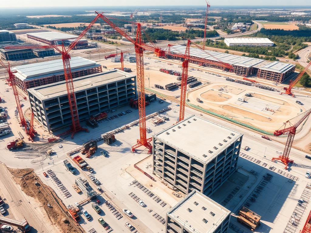 Vista aérea de canteiro de obras com guindastes